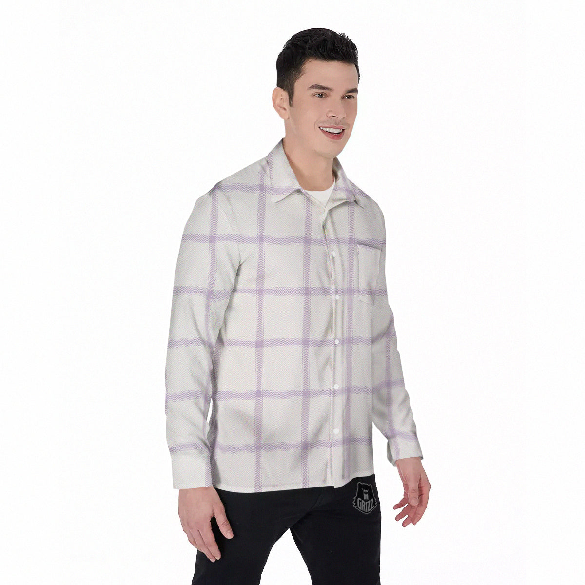 Grey White And Purple Tattersall Print Pattern Men's Long Sleeve Shirts-grizzshop