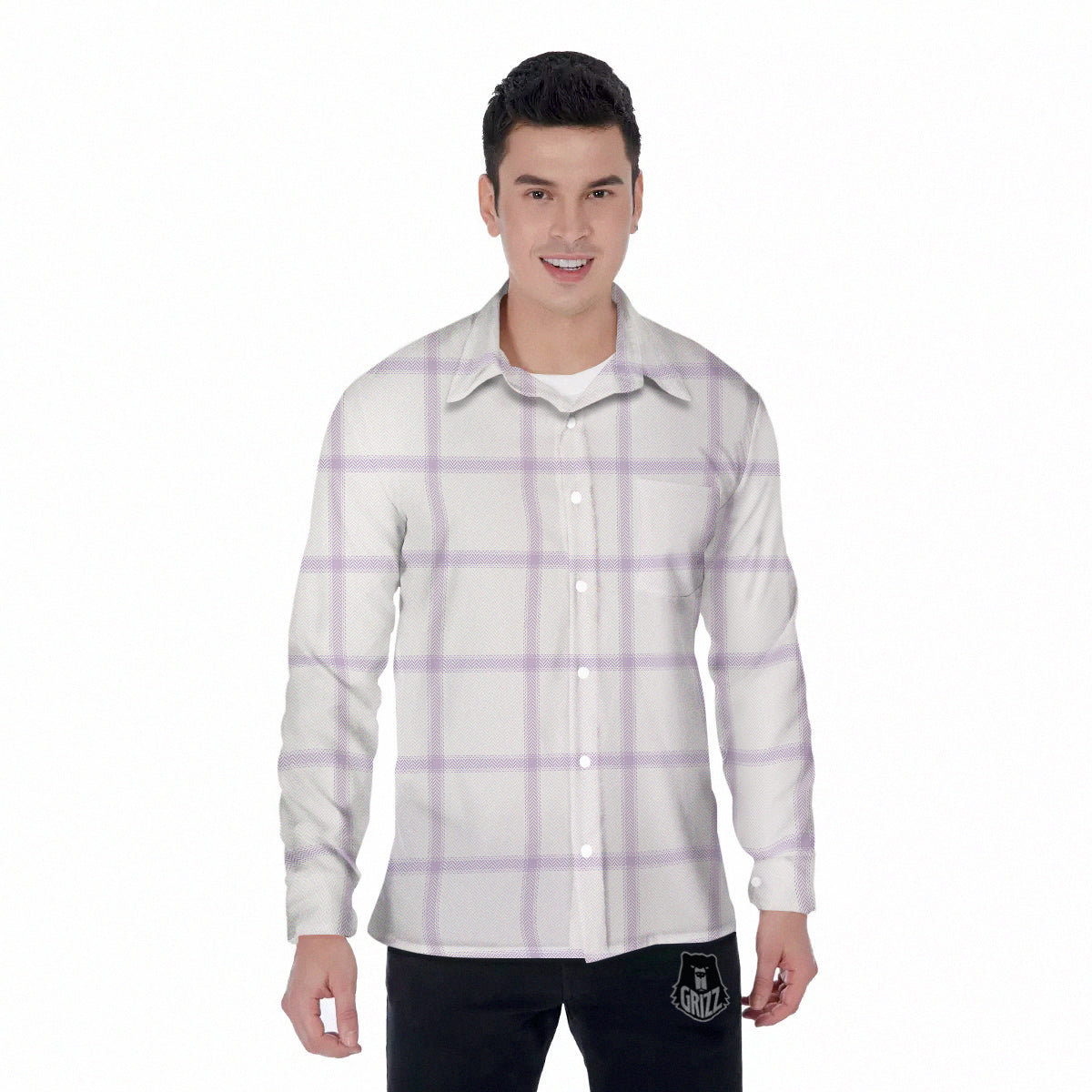 Grey White And Purple Tattersall Print Pattern Men's Long Sleeve Shirts-grizzshop