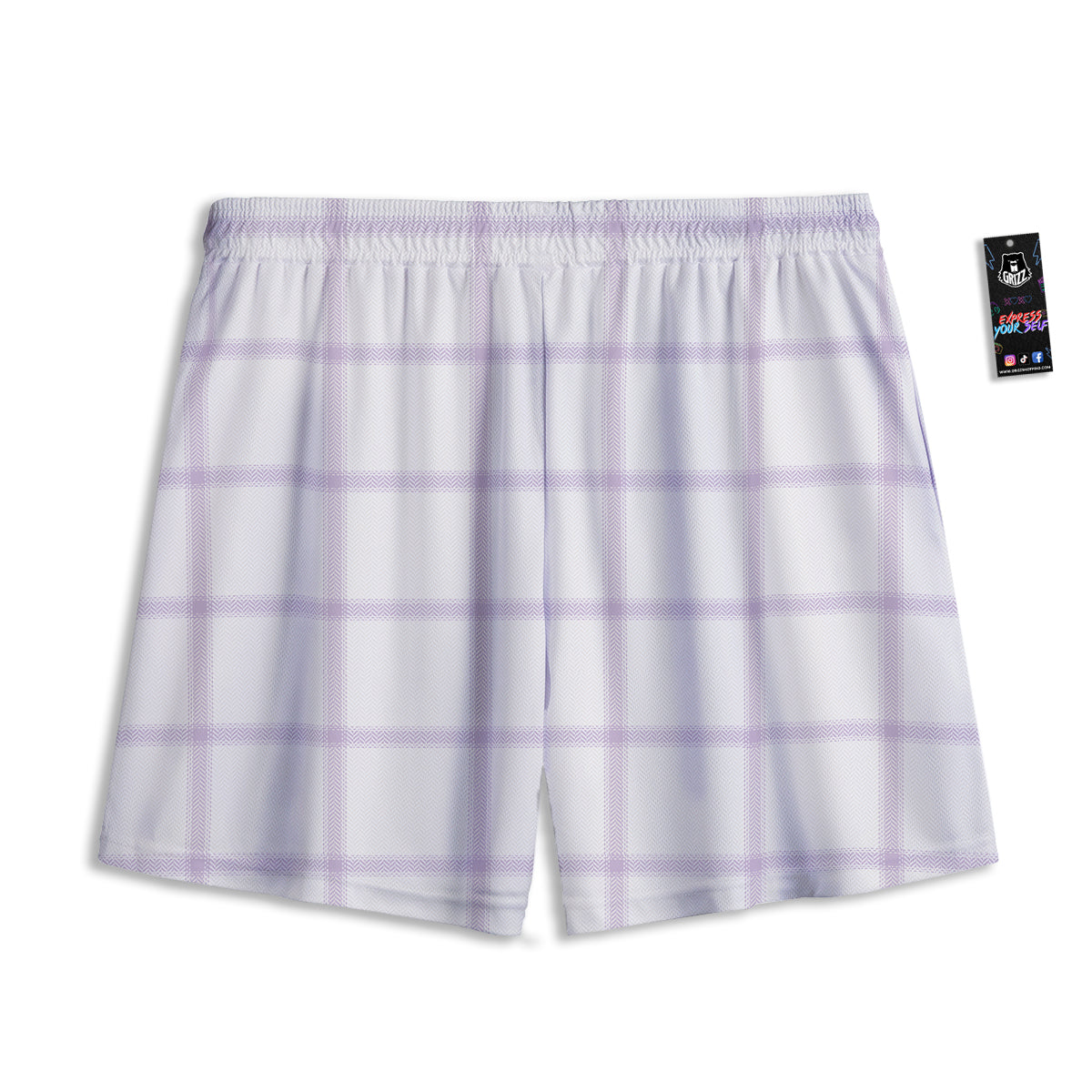 Grey White And Purple Tattersall Print Pattern Mesh Shorts