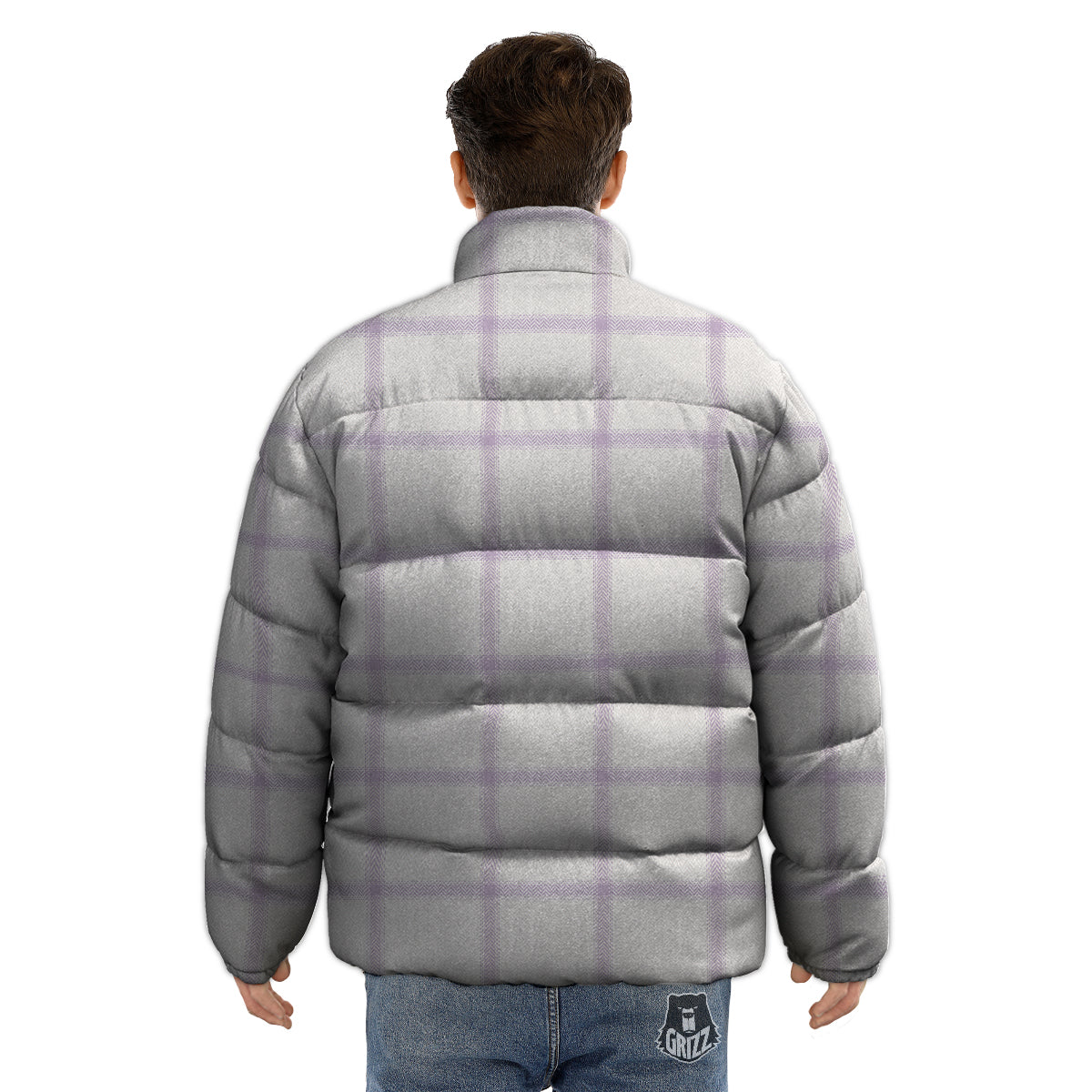 Grey White And Purple Tattersall Print Pattern Puffer Jacket-grizzshop