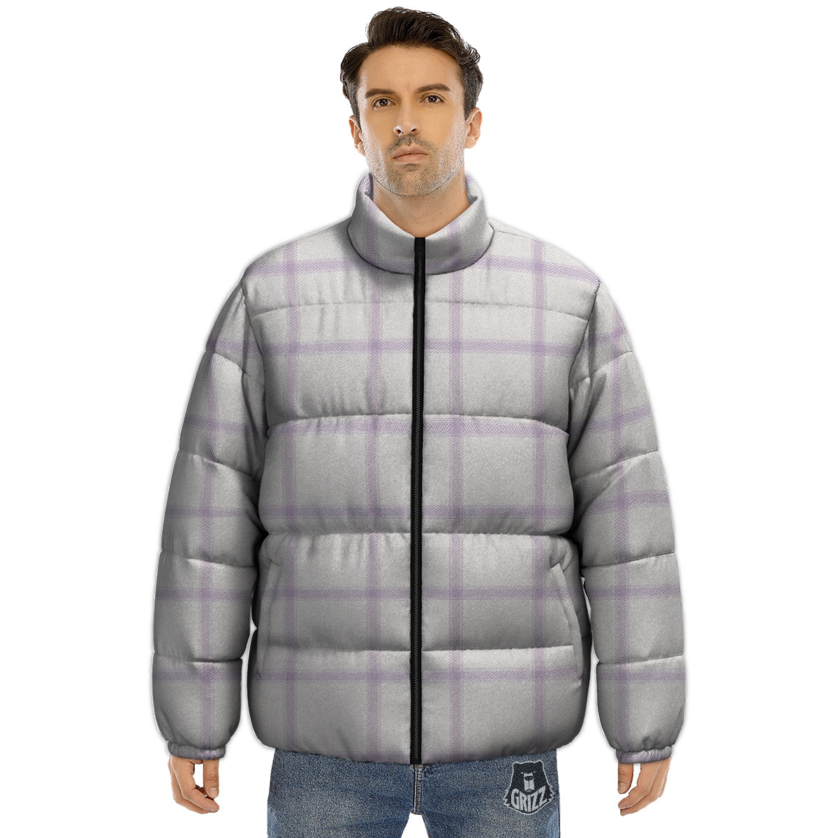 Grey White And Purple Tattersall Print Pattern Puffer Jacket-grizzshop