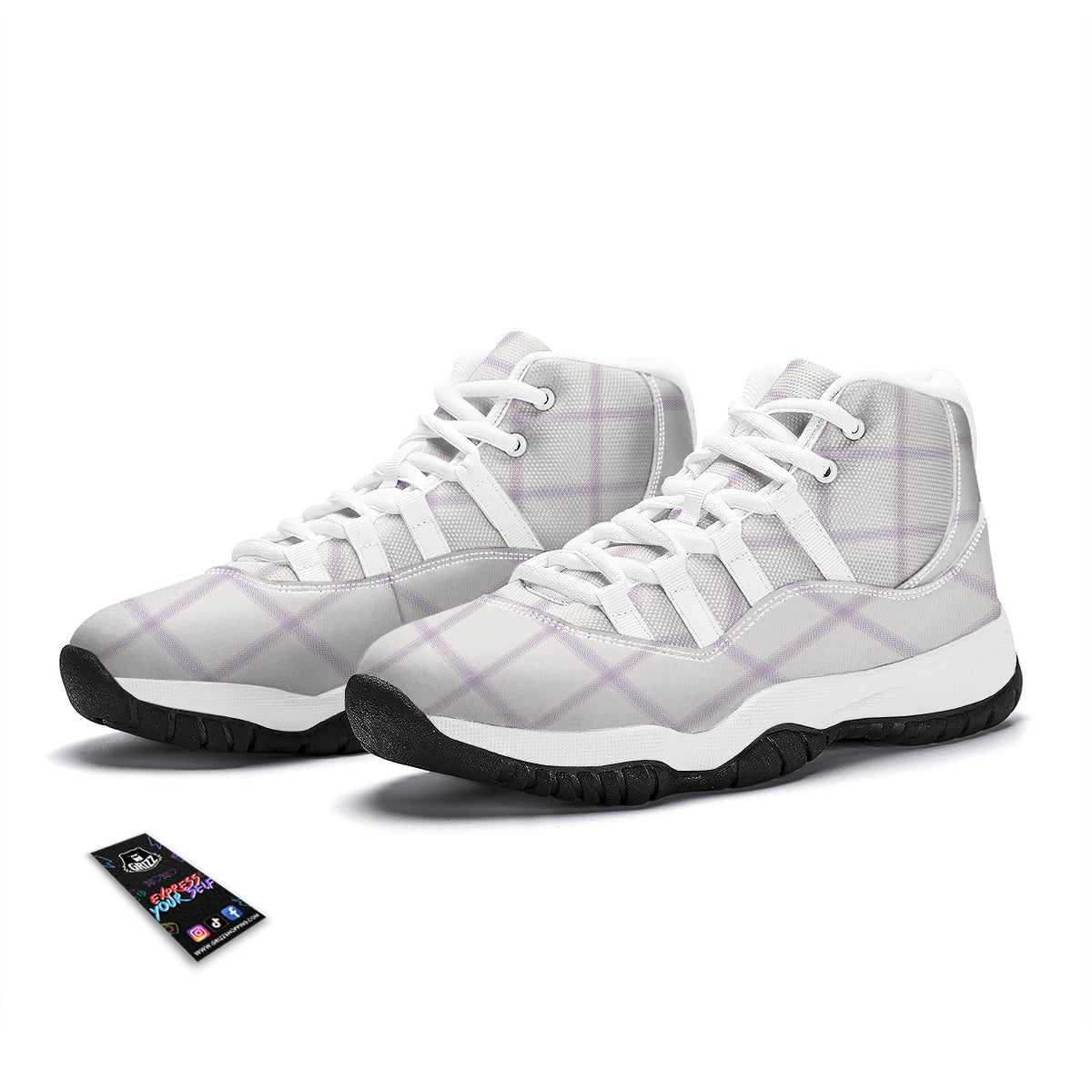 Grey White And Purple Tattersall Print Pattern White Bball Shoes-grizzshop