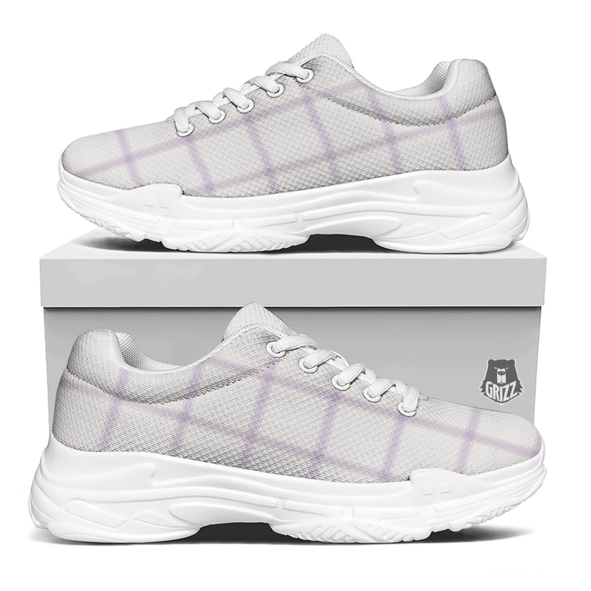 Grey White And Purple Tattersall Print Pattern White Chunky Shoes-grizzshop