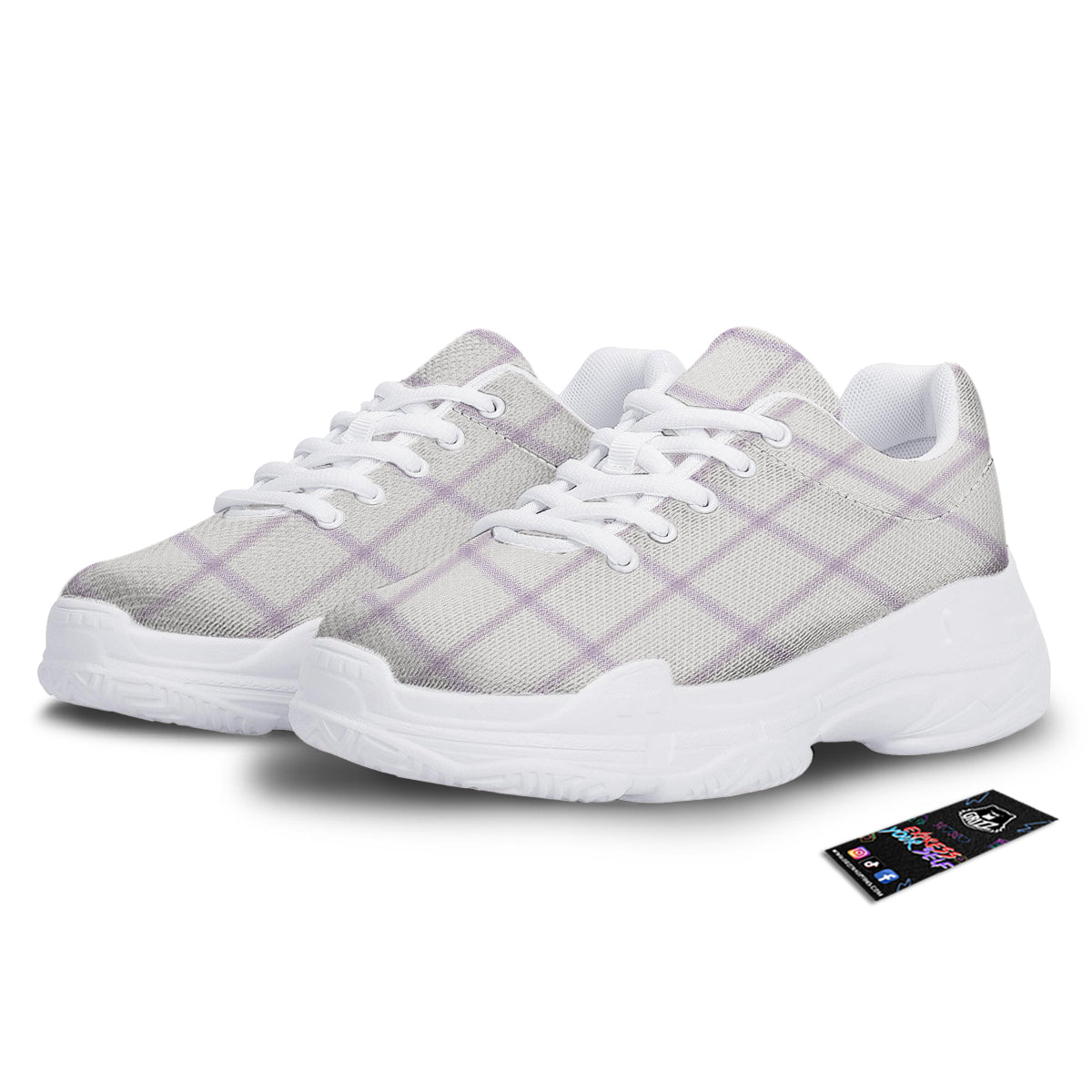 Grey White And Purple Tattersall Print Pattern White Chunky Shoes-grizzshop