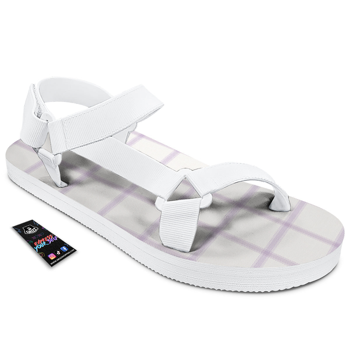 Grey White And Purple Tattersall Print Pattern White Open Toe Sandals-grizzshop