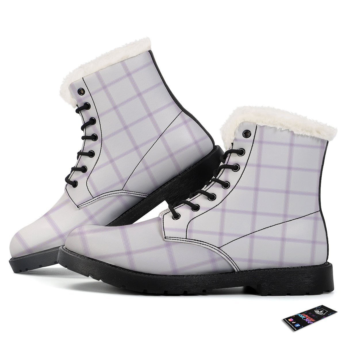 Grey White And Purple Tattersall Print Pattern Winter Boots-grizzshop