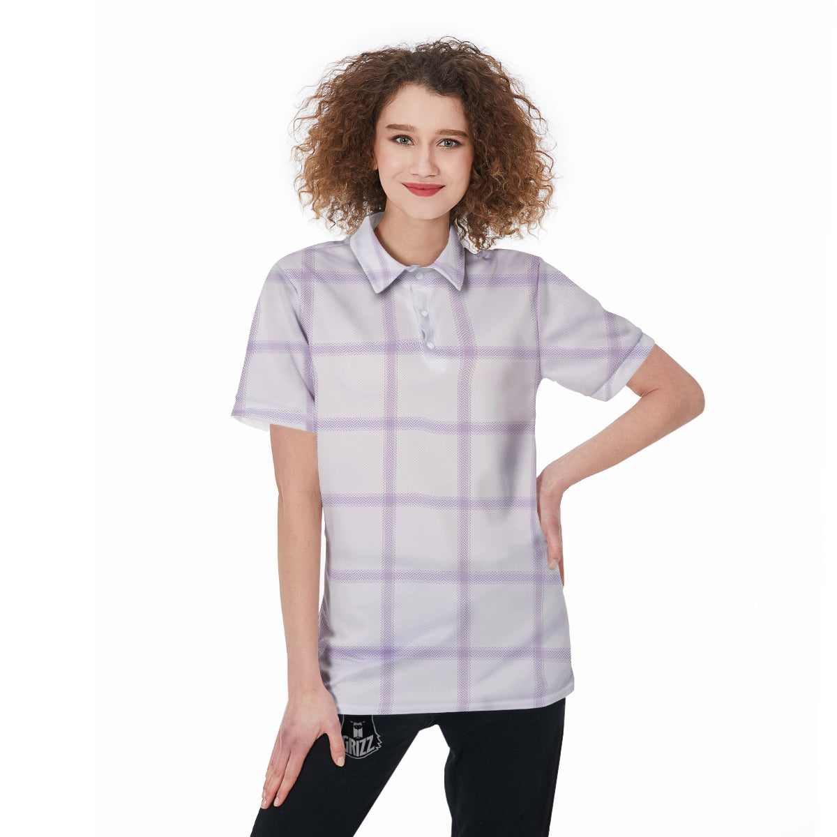 Grey White And Purple Tattersall Print Pattern Women's Golf Shirts-grizzshop