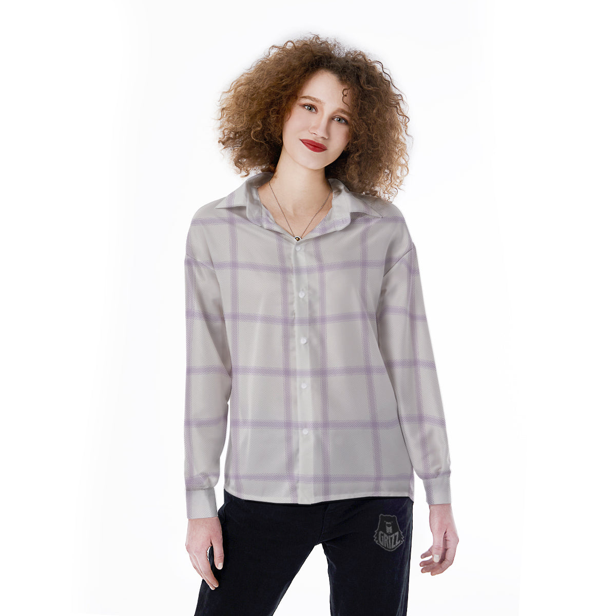 Grey White And Purple Tattersall Print Pattern Women's Long Sleeve Shirts-grizzshop