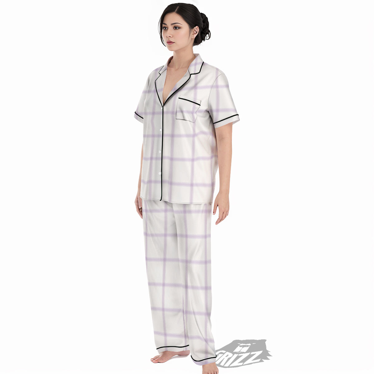 Grey White And Purple Tattersall Print Pattern Women's Pajamas Set-grizzshop