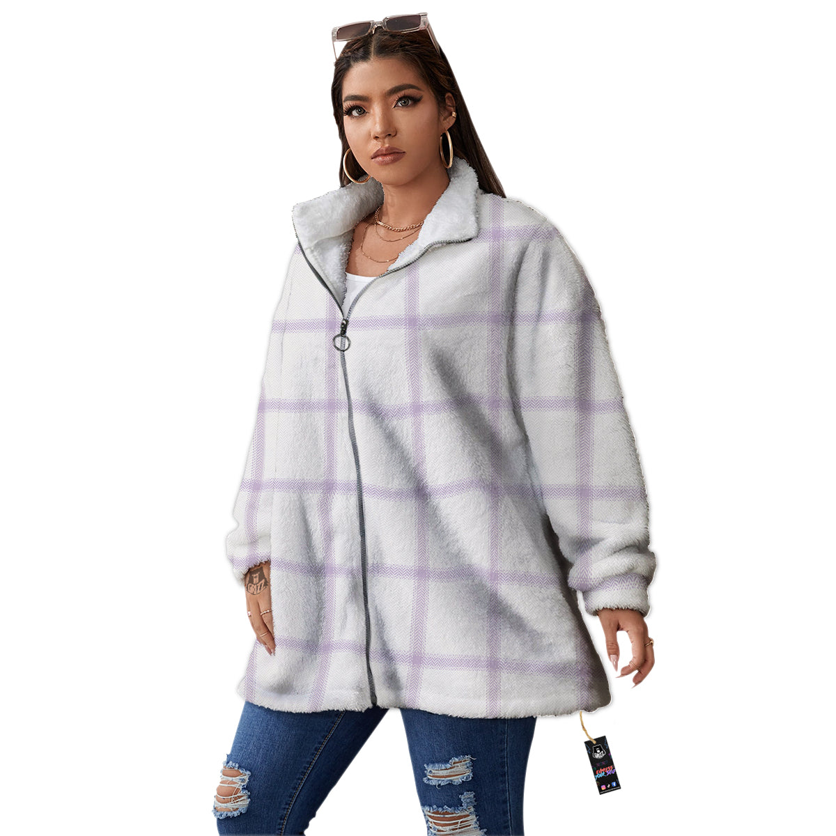 Grey White And Purple Tattersall Print Pattern Women's Sherpa Jacket-grizzshop