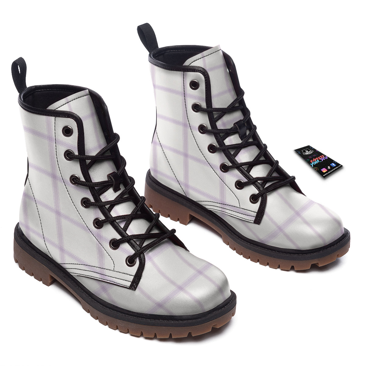 Grey White And Purple Tattersall Print Pattern Work Boots-grizzshop