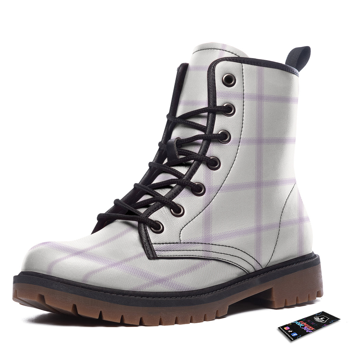 Grey White And Purple Tattersall Print Pattern Work Boots-grizzshop