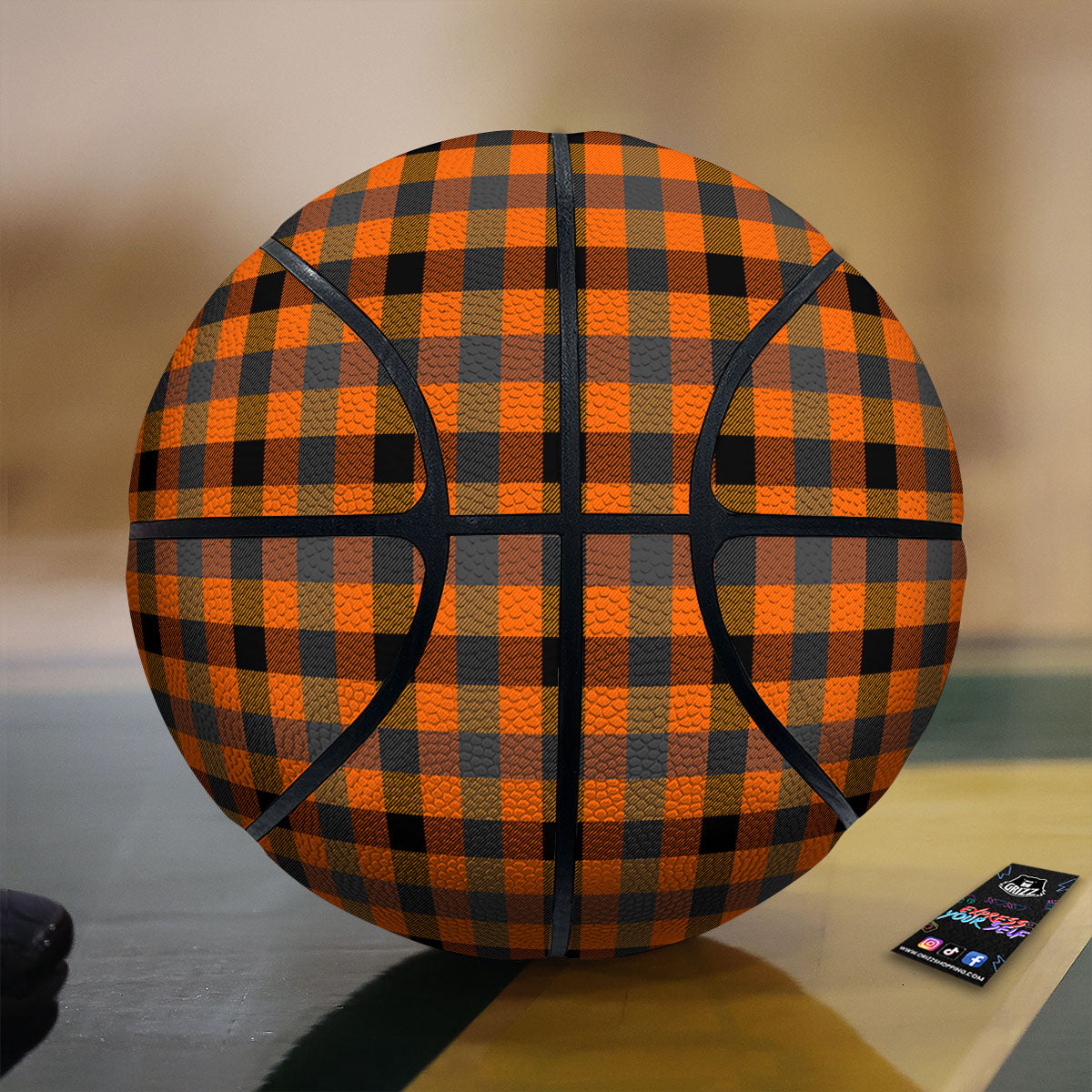 Grey Orange And White Tartan Print Pattern Basketball