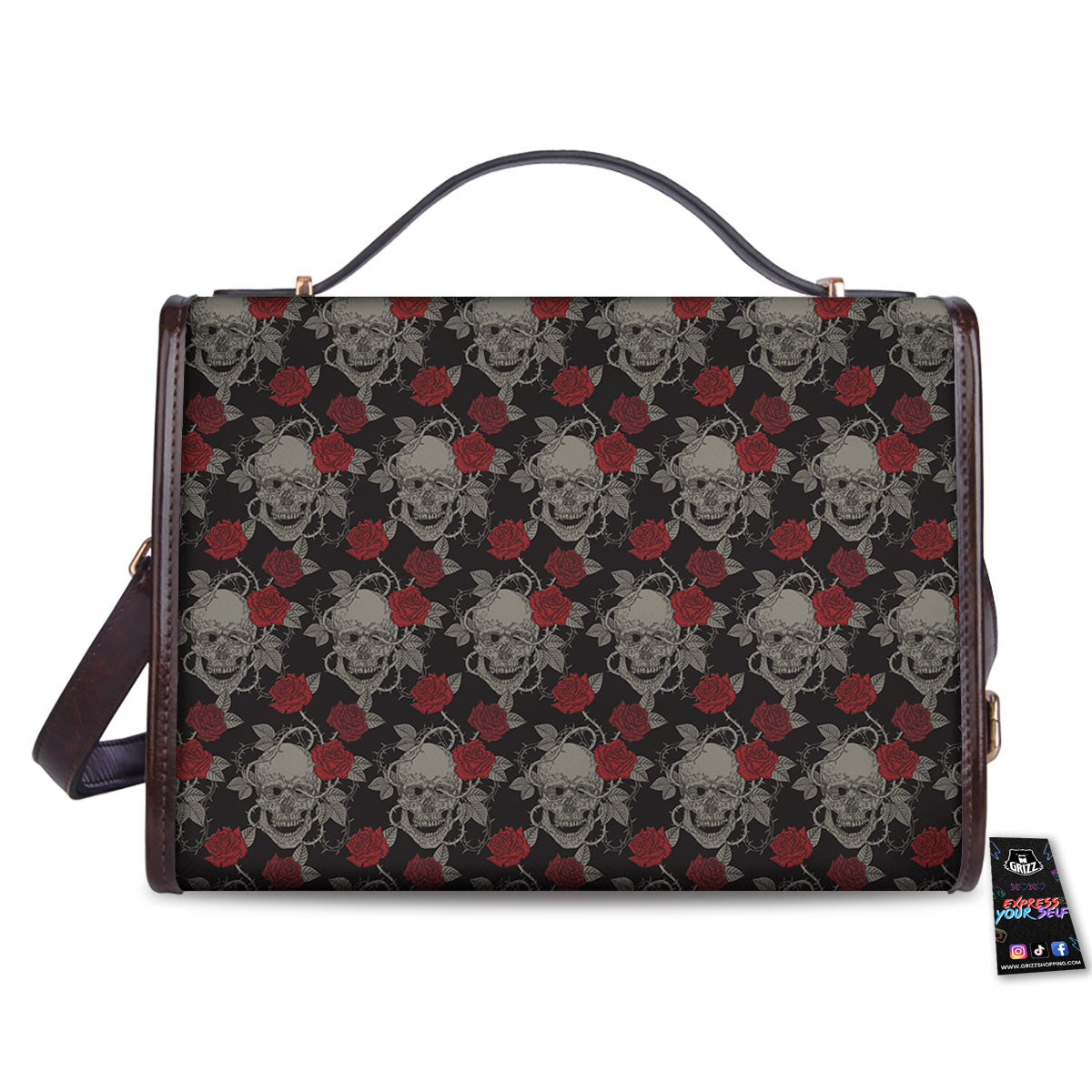 Grey Skull Red Rose Print Pattern Women's Satchel Bag