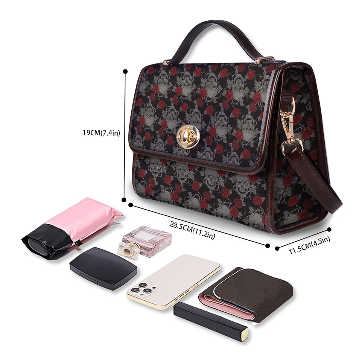 Grey Skull Red Rose Print Pattern Women's Satchel Bag