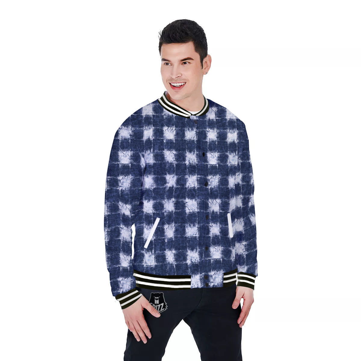 Grid Shibori Print Pattern Baseball Jacket-grizzshop