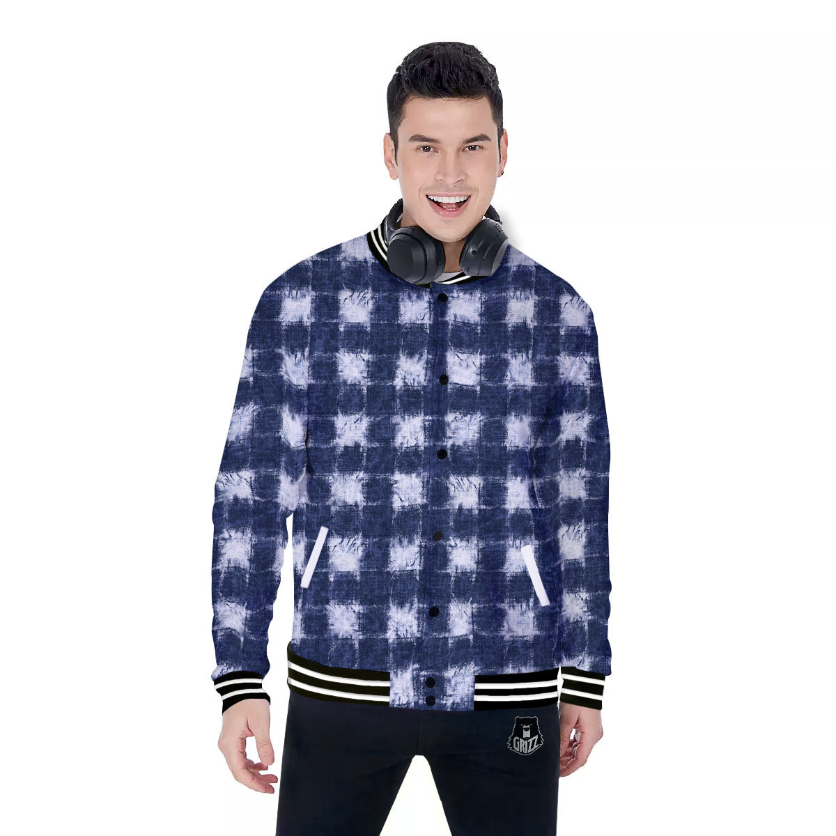 Grid Shibori Print Pattern Baseball Jacket-grizzshop