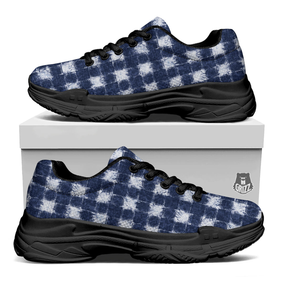 Grid Shibori Print Pattern Black Chunky Shoes-grizzshop