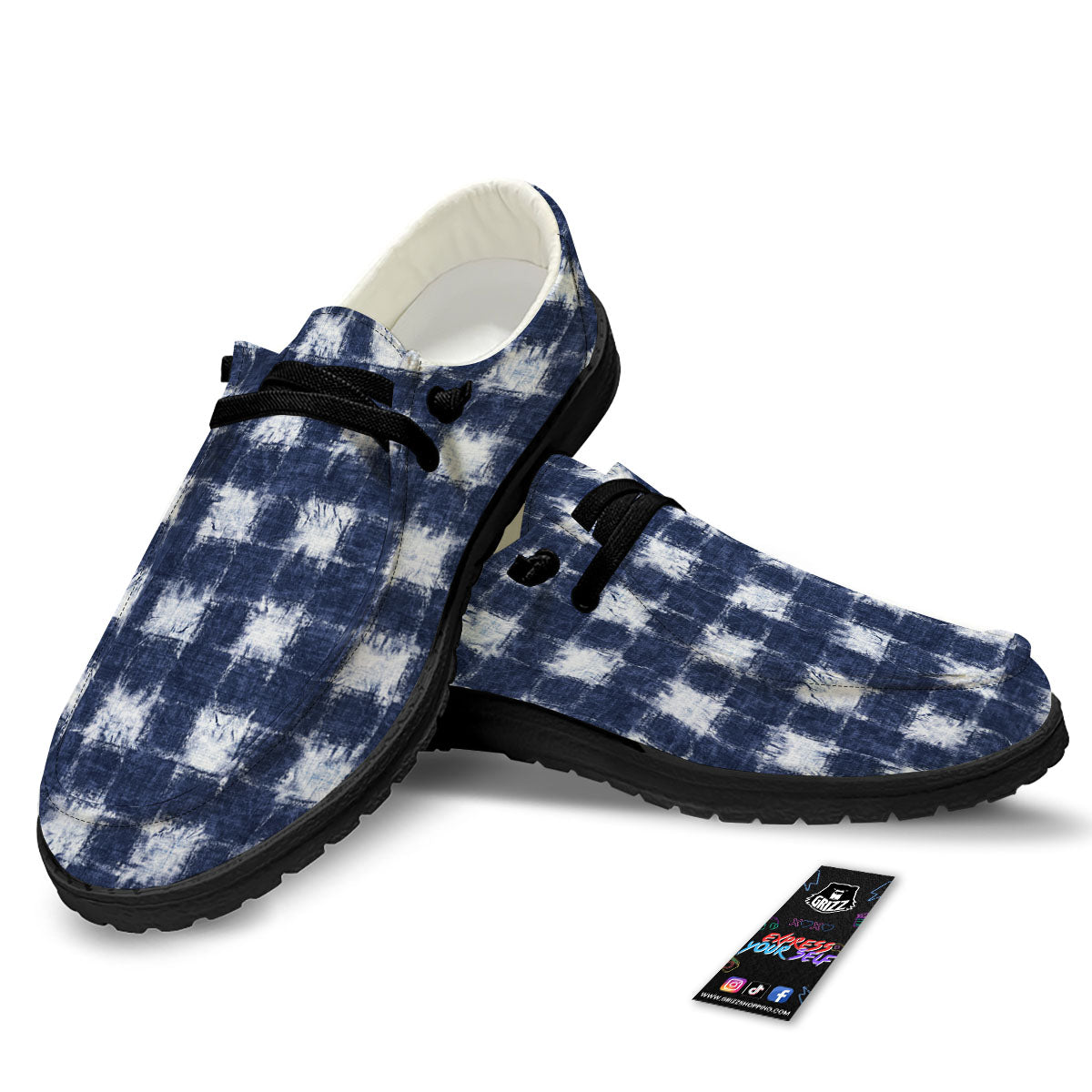 Grid Shibori Print Pattern Black Loafers-grizzshop