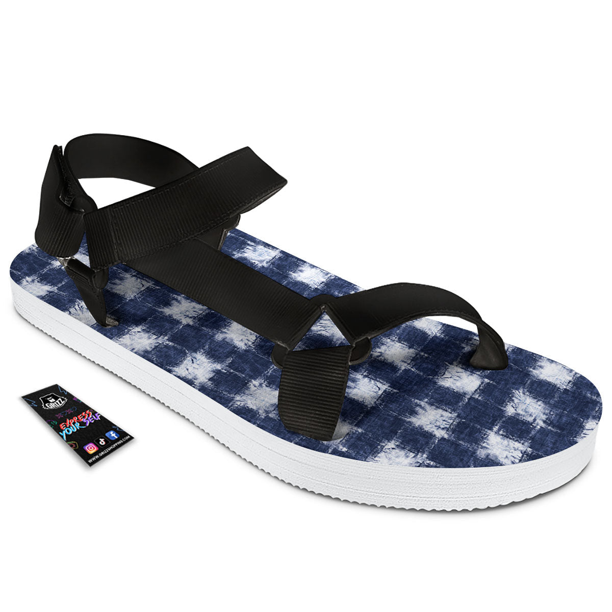 Grid Shibori Print Pattern Black Open Toe Sandals-grizzshop
