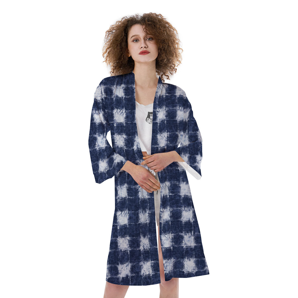 Grid Shibori Print Pattern Kimono-grizzshop