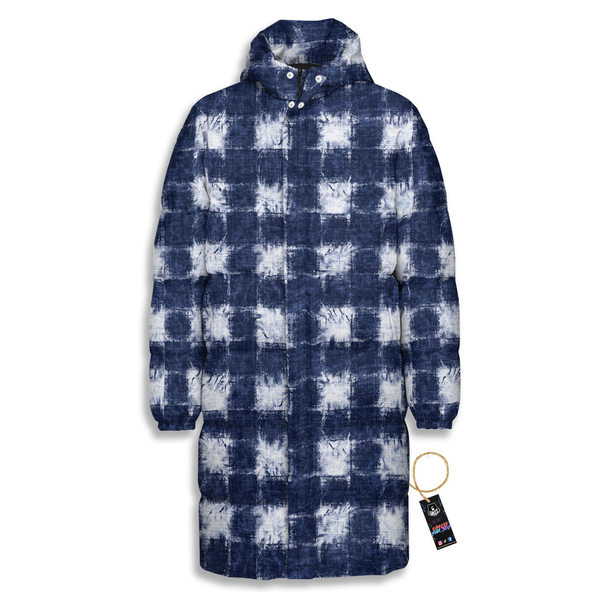 Grid Shibori Print Pattern Long Down Jacket-grizzshop
