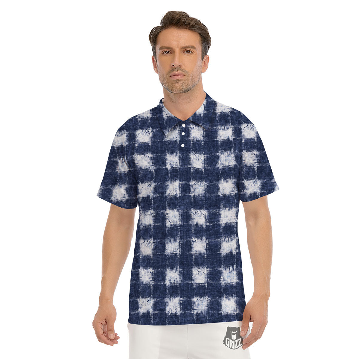 Grid Shibori Print Pattern Men's Golf Shirts-grizzshop