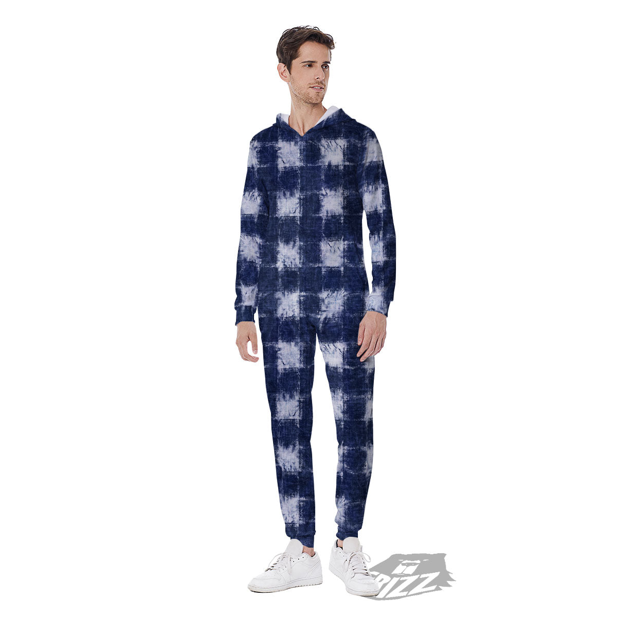 Grid Shibori Print Pattern Men's Jumpsuit-grizzshop