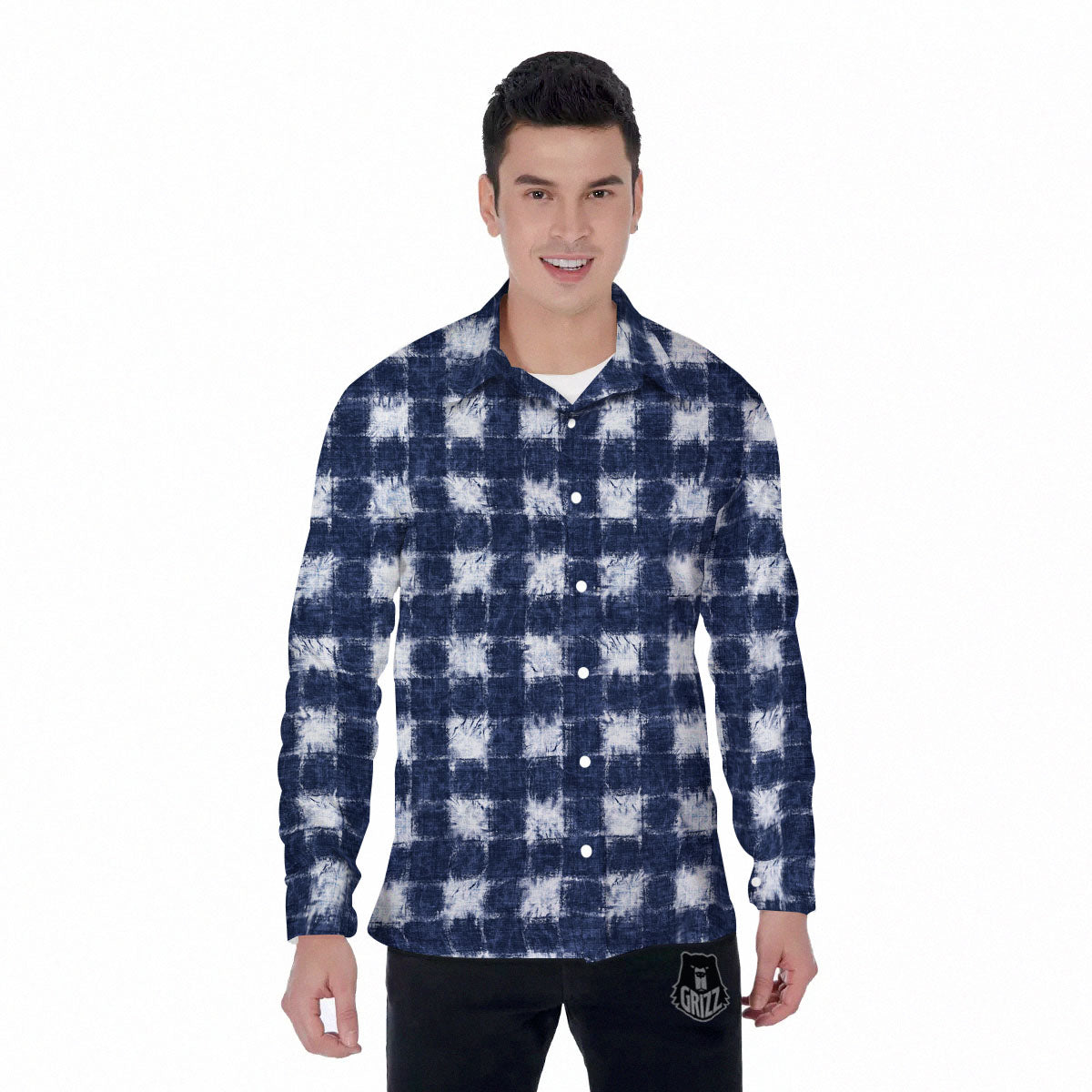 Grid Shibori Print Pattern Men's Long Sleeve Shirts-grizzshop