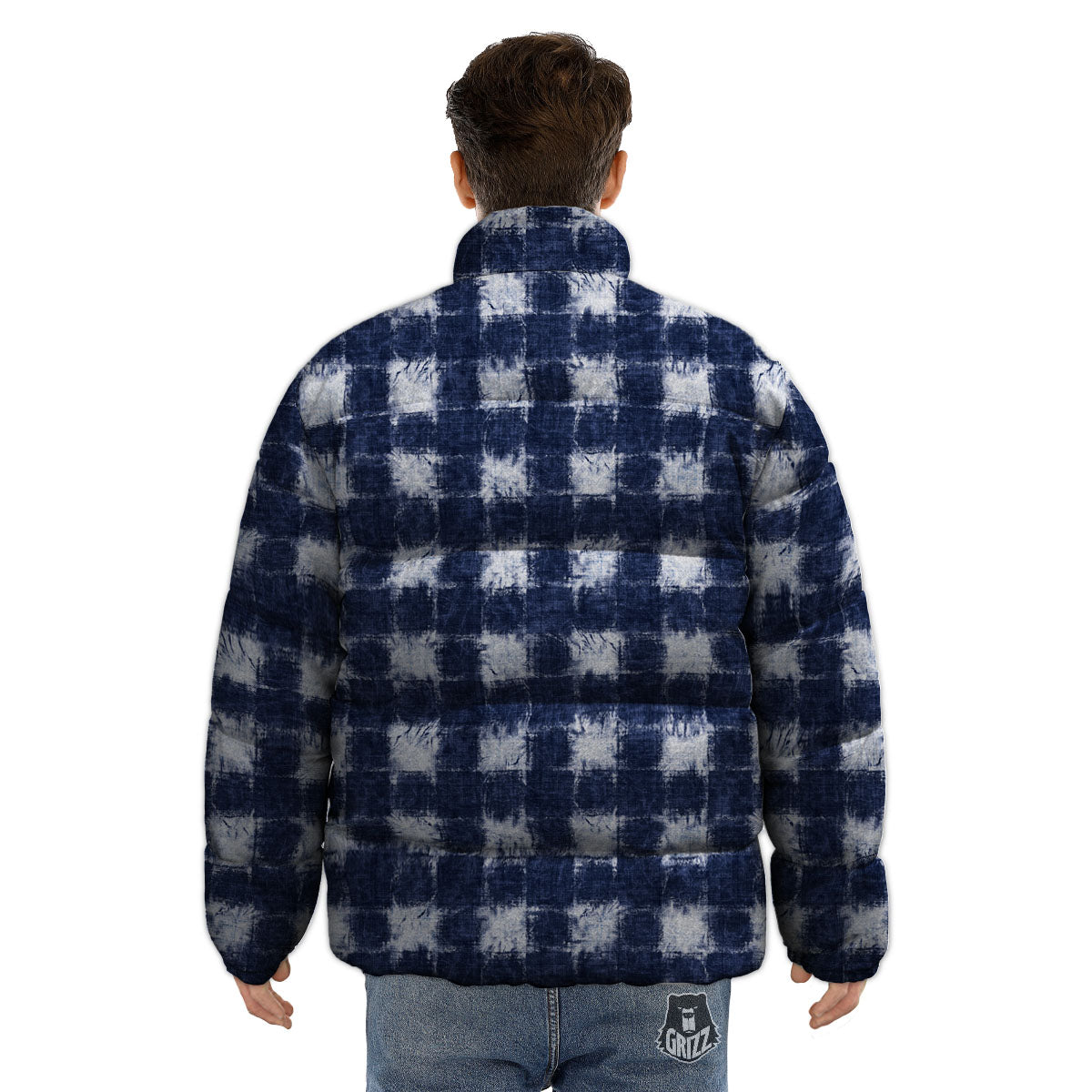 Grid Shibori Print Pattern Puffer Jacket-grizzshop
