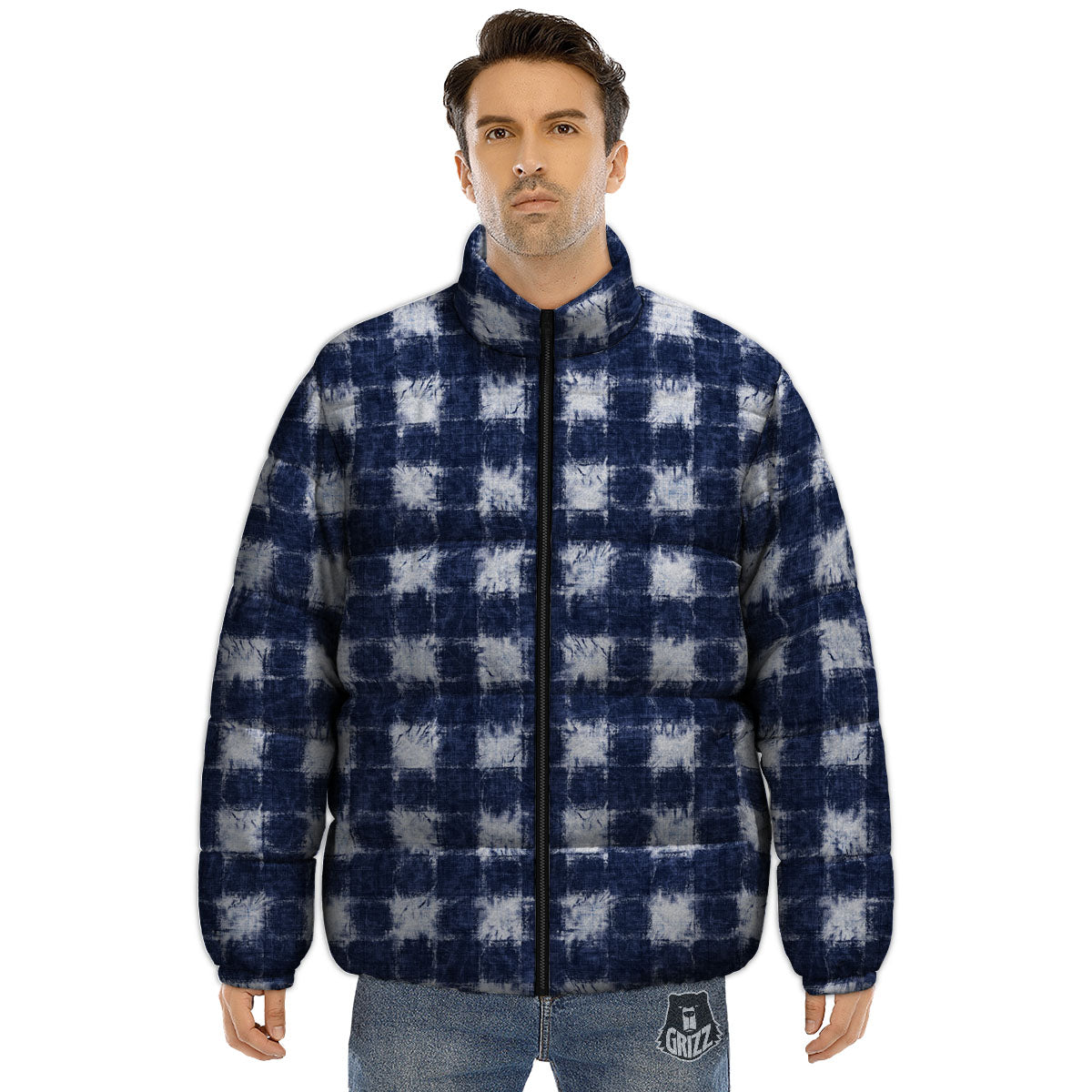 Grid Shibori Print Pattern Puffer Jacket-grizzshop