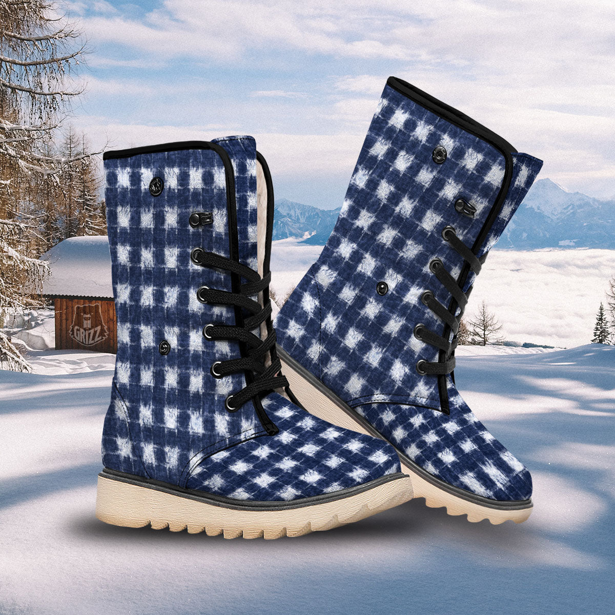 Grid Shibori Print Pattern Snow Boots-grizzshop