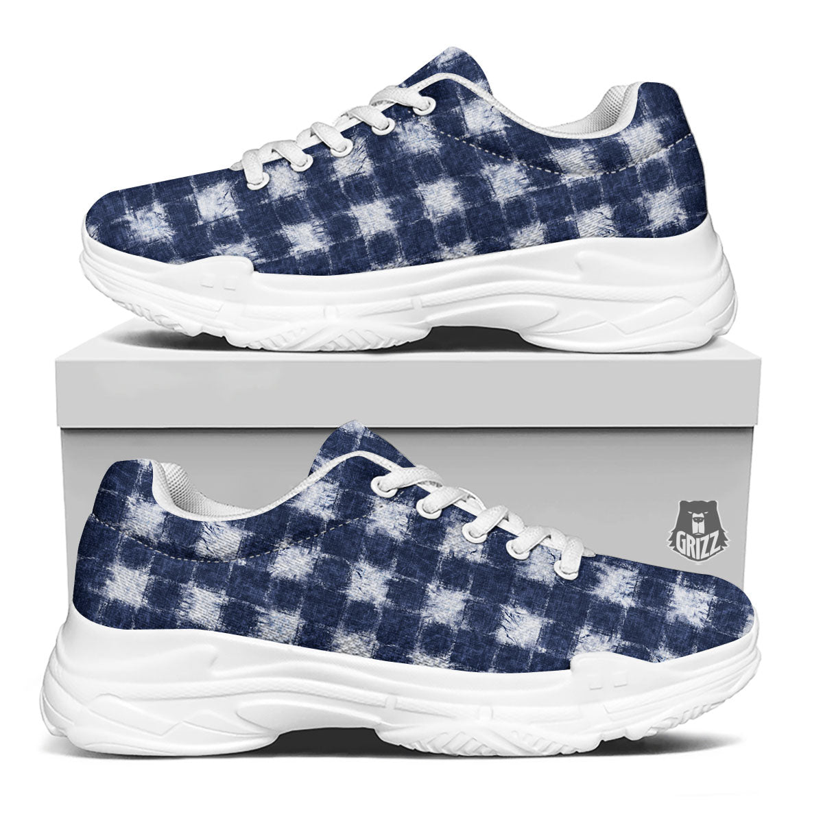 Grid Shibori Print Pattern White Chunky Shoes-grizzshop