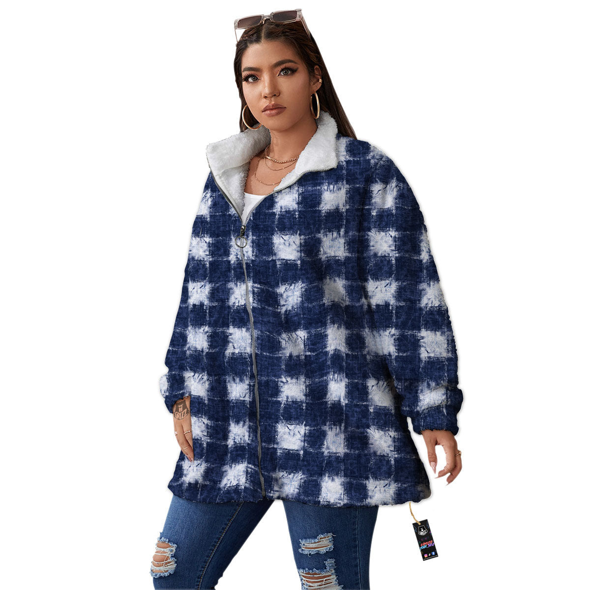 Grid Shibori Print Pattern Women's Sherpa Jacket-grizzshop