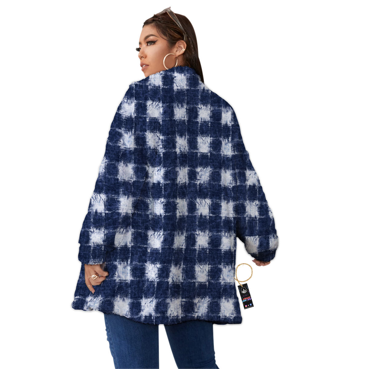 Grid Shibori Print Pattern Women's Sherpa Jacket-grizzshop