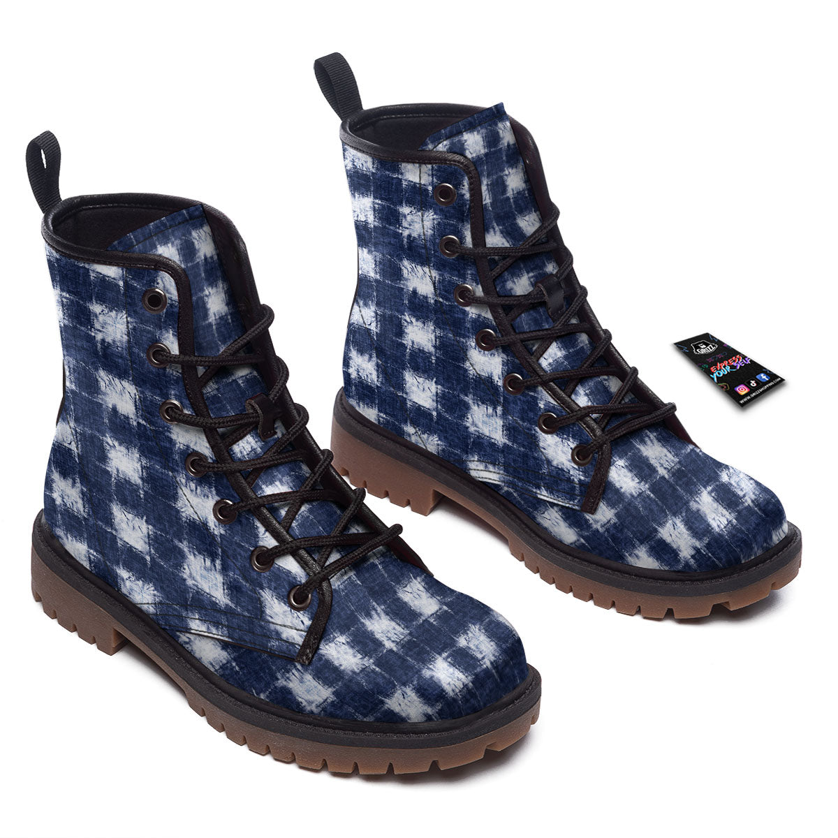 Grid Shibori Print Pattern Work Boots-grizzshop