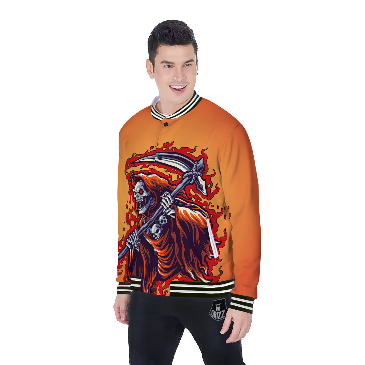 Grim Reaper And Fire Print Baseball Jacket-grizzshop