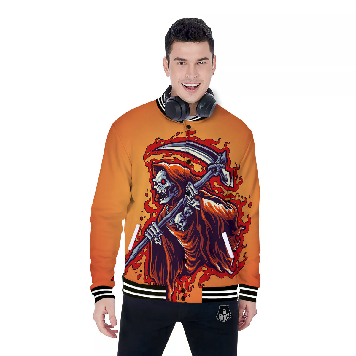 Grim Reaper And Fire Print Baseball Jacket-grizzshop