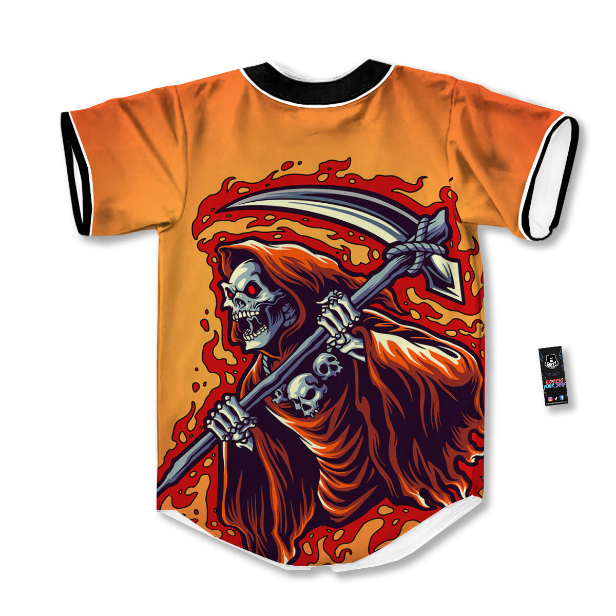 Grim Reaper And Fire Print Baseball Jersey-grizzshop