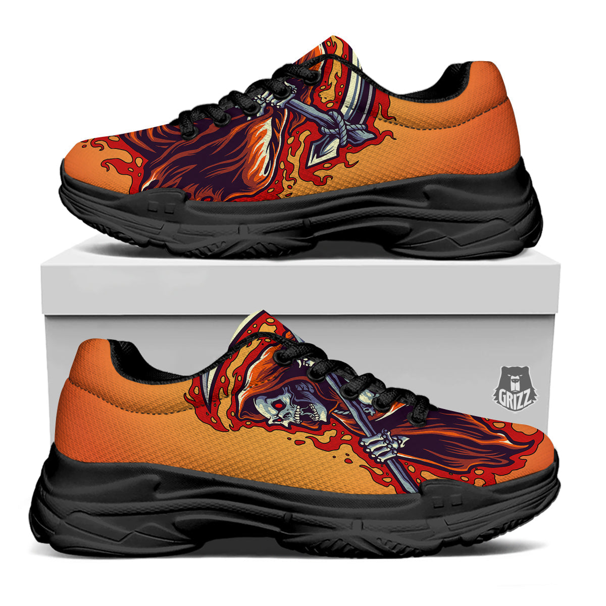 Grim Reaper And Fire Print Black Chunky Shoes-grizzshop