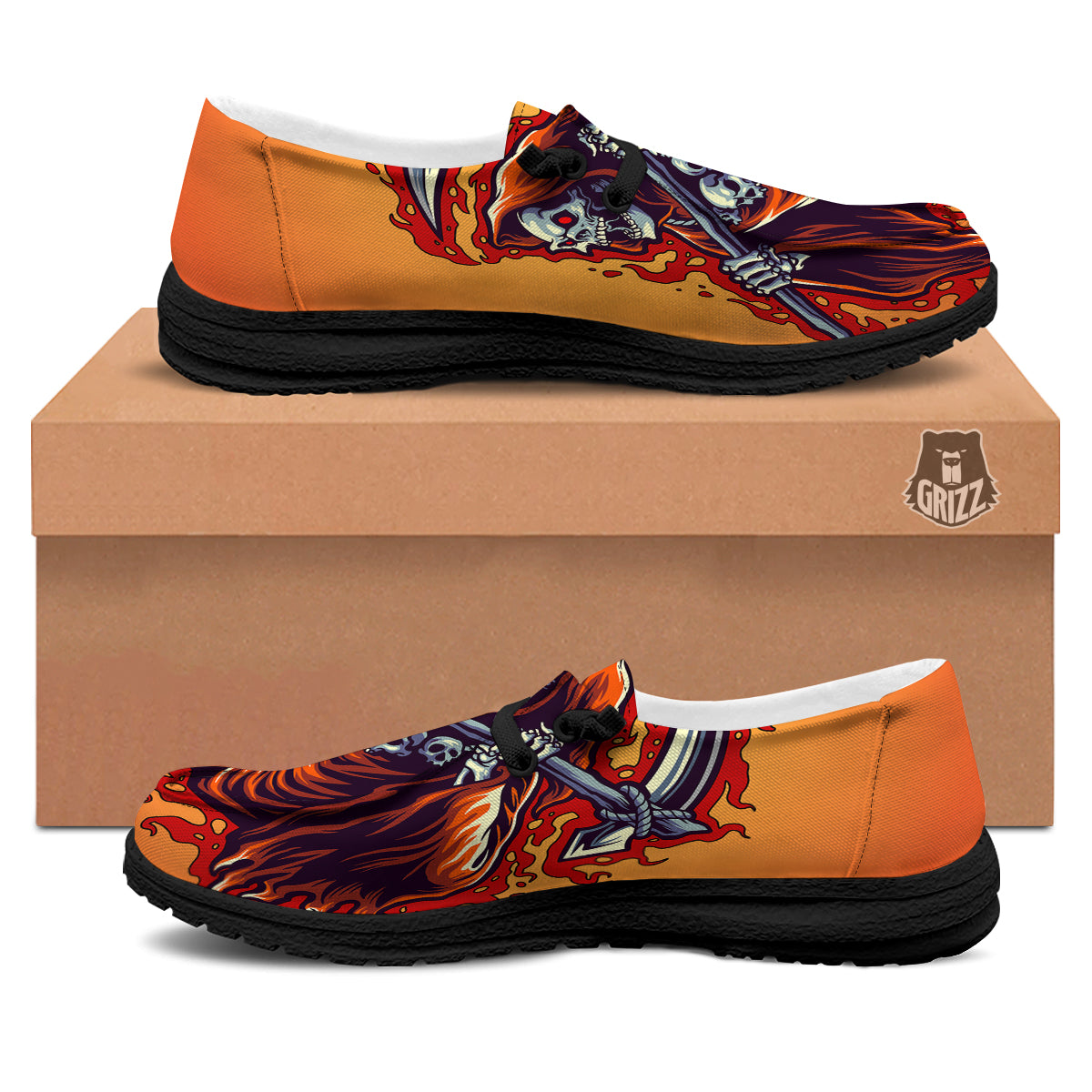 Grim Reaper And Fire Print Black Loafers-grizzshop