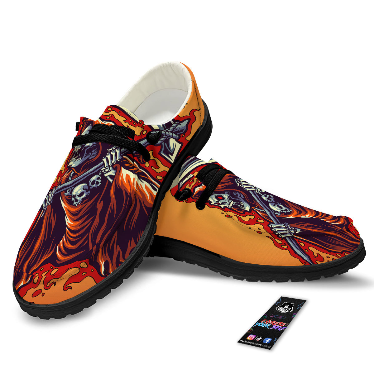 Grim Reaper And Fire Print Black Loafers-grizzshop