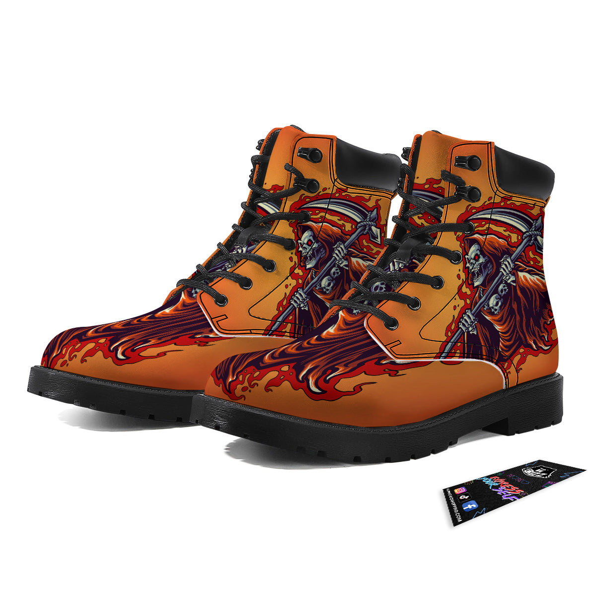 Grim Reaper And Fire Print Boots-grizzshop