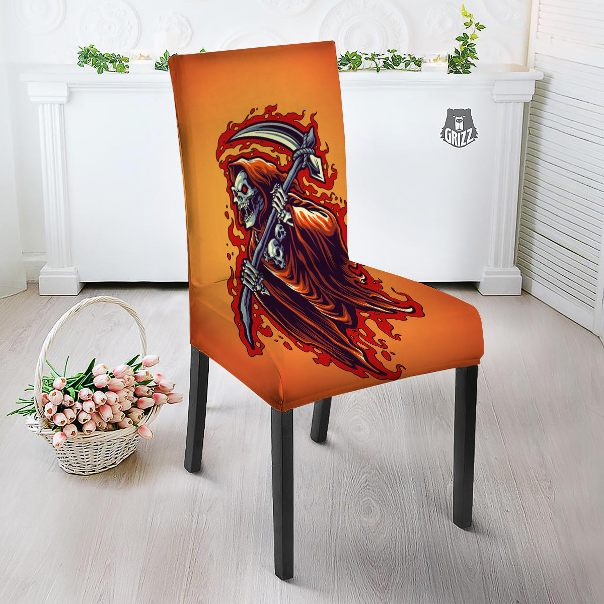 Grim Reaper And Fire Print Dining Chair Slipcover-grizzshop