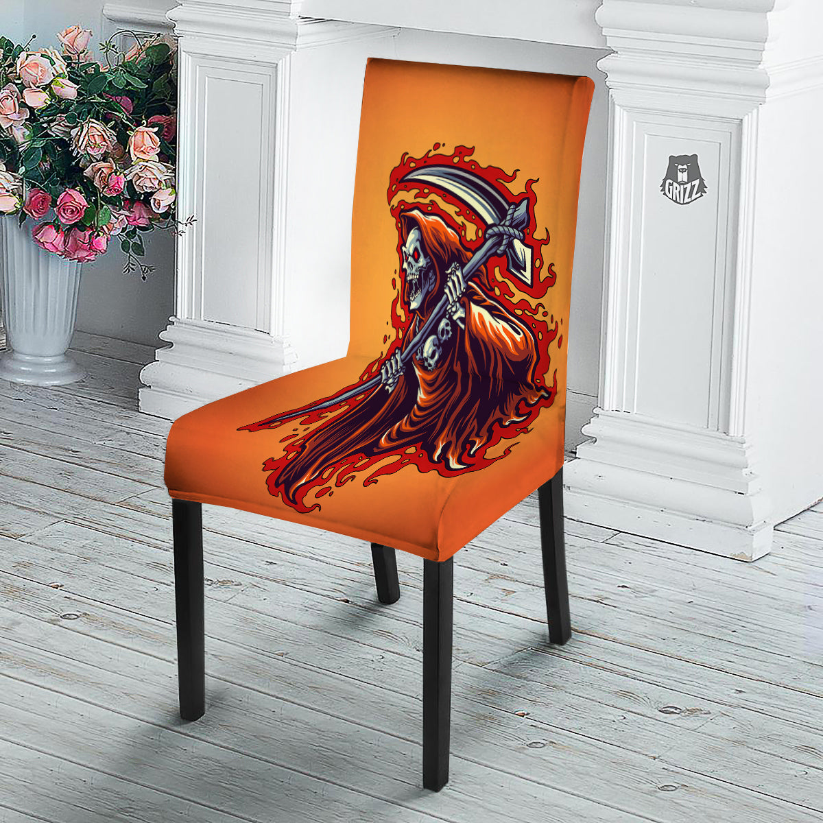 Grim Reaper And Fire Print Dining Chair Slipcover-grizzshop