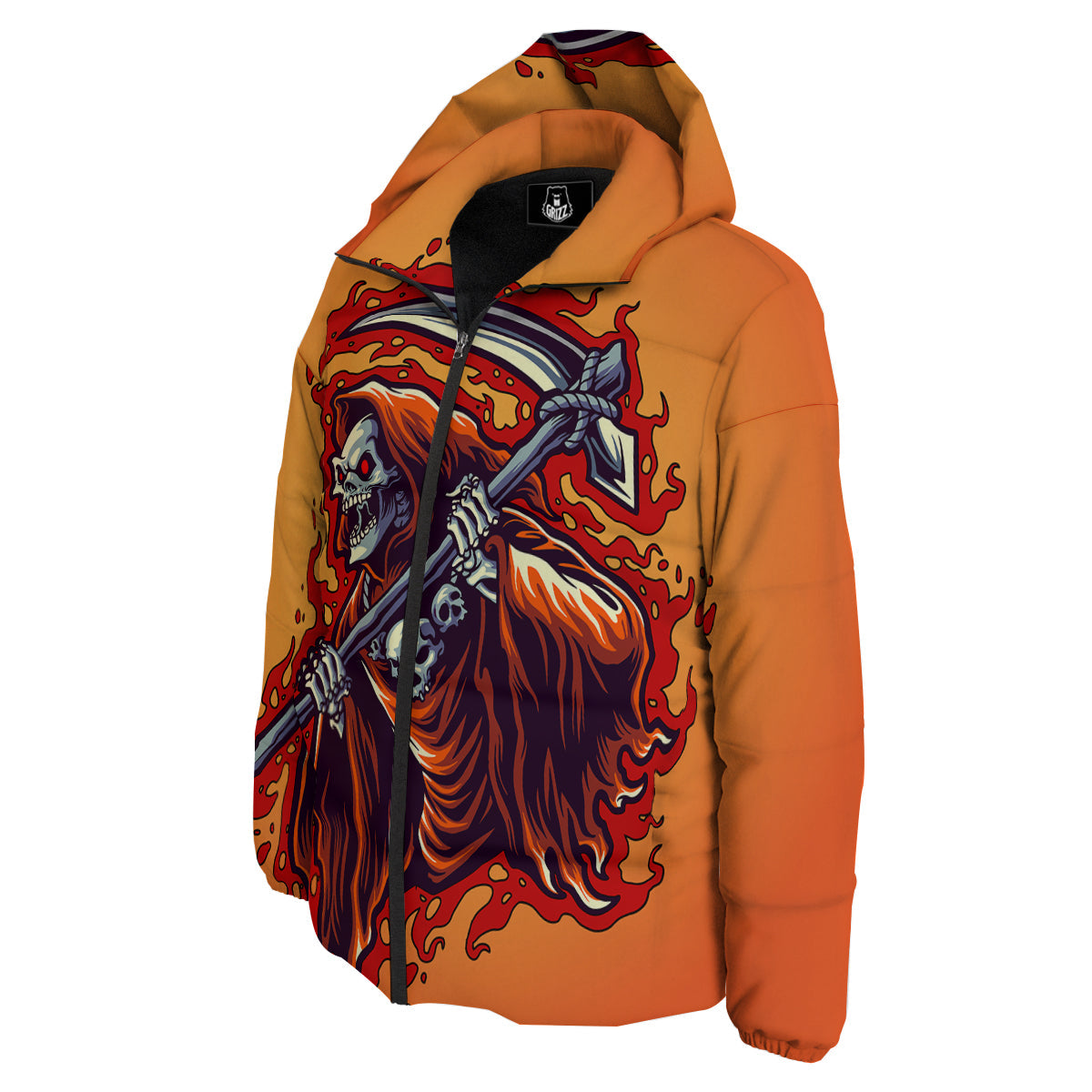 Grim Reaper And Fire Print Down Jacket-grizzshop