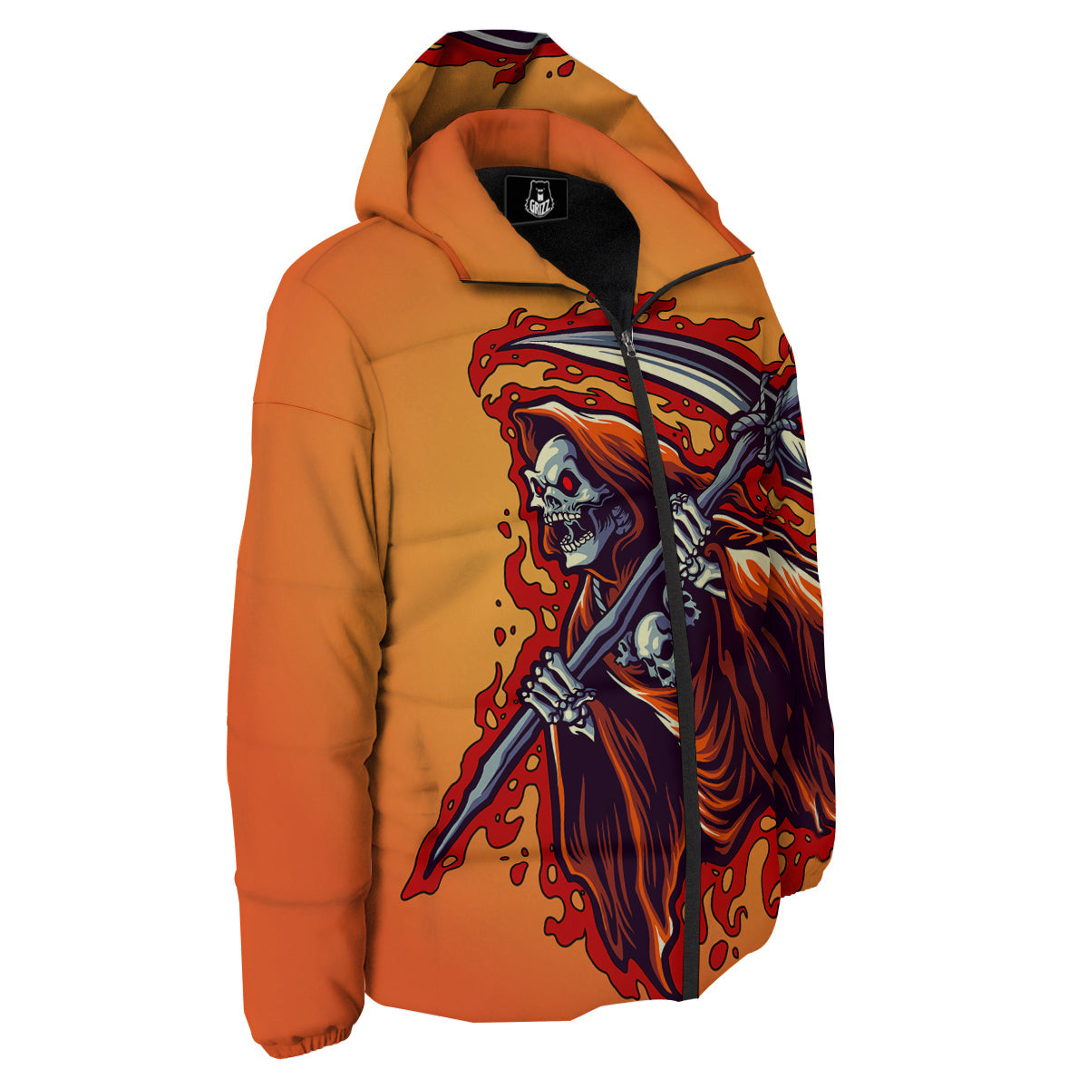 Grim Reaper And Fire Print Down Jacket-grizzshop
