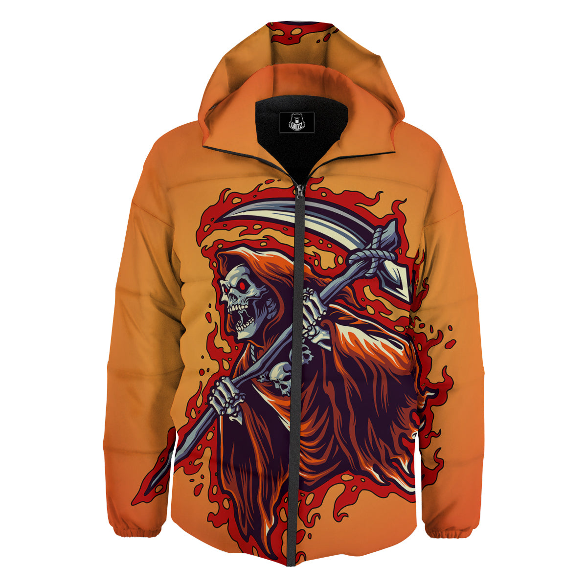 Grim Reaper And Fire Print Down Jacket-grizzshop