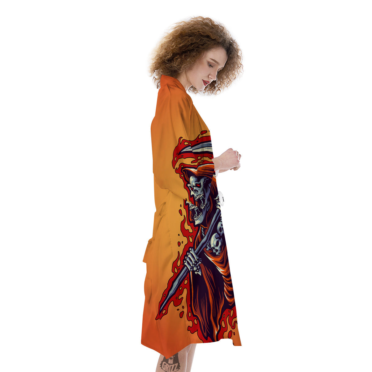 Grim Reaper And Fire Print Kimono-grizzshop