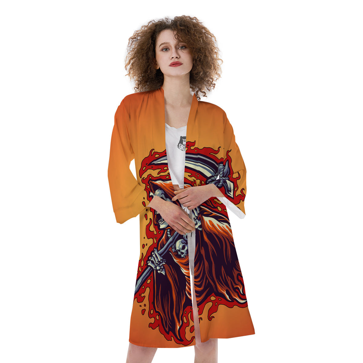 Grim Reaper And Fire Print Kimono-grizzshop
